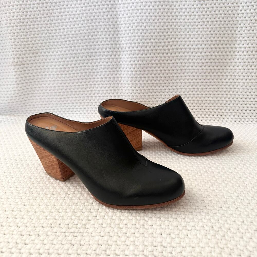 Fortress Of Inca Abby Black Leather Backless Stacked Wooden Heel Mule Clogs 38